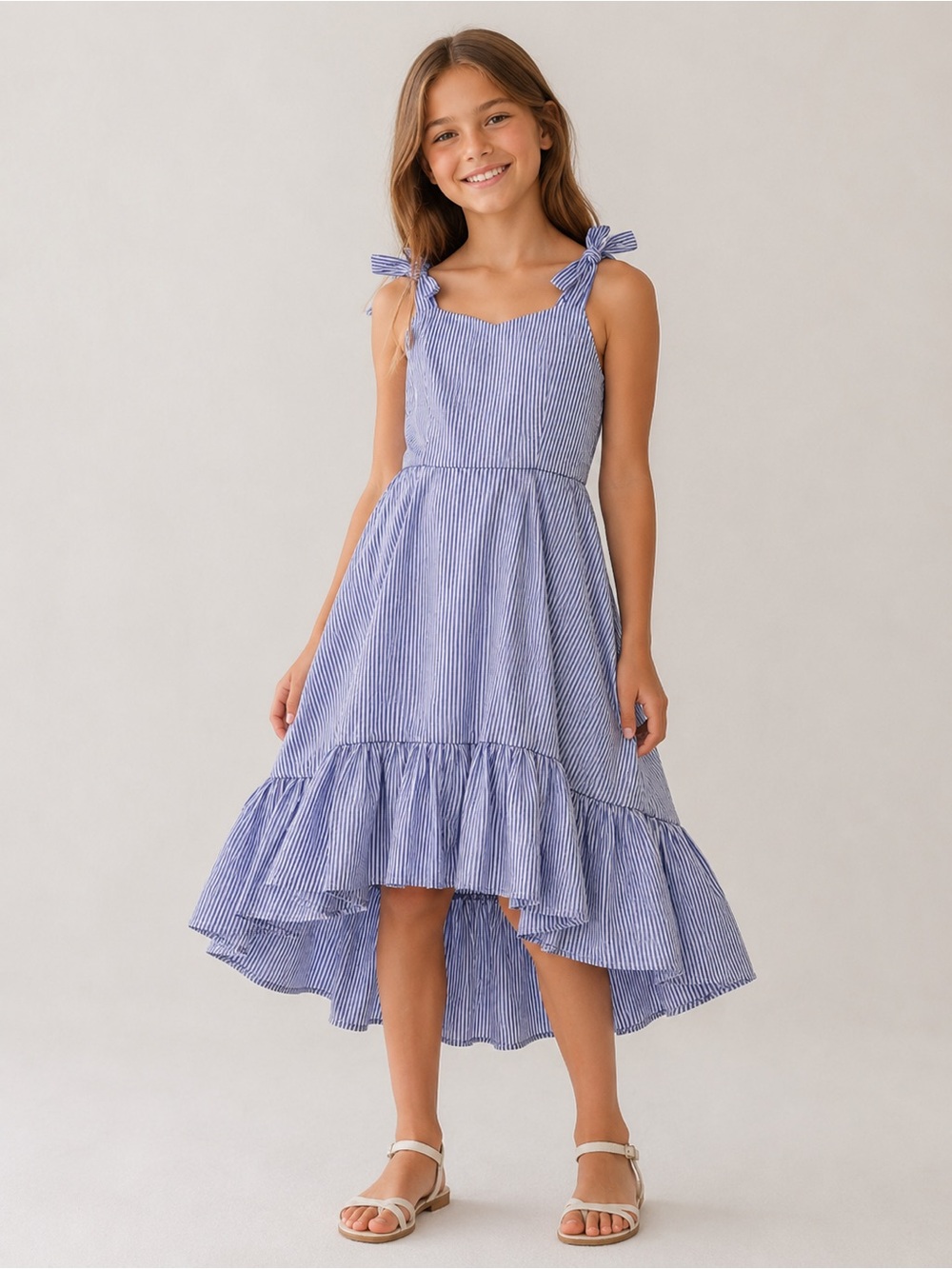 Tiered Ruffle High-Low Maxi Dress Blue Stripe Tie-Shoulder Cottagecore L 14/16